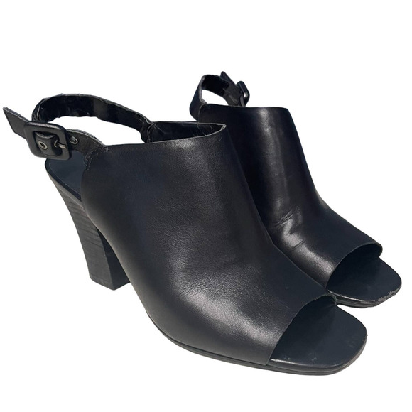 Franco Sarto Womens Leather Peep Toe Booties Size 6.5 M Black Chunky Heels - Picture 1 of 12